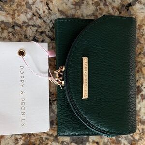Poppy & Peonies Dark Green Pebbled Leather Card Case with Gold Accent